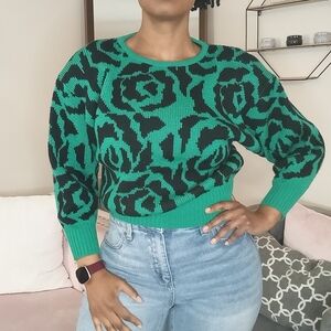 Vintage Brigitte Green & Black Floral Crewneck Sweater - Women